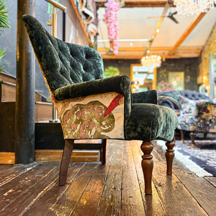 Belgravia Buttoned Wing Chair in Sunshine Emerald Velvet and Mulberry Flying Ducks