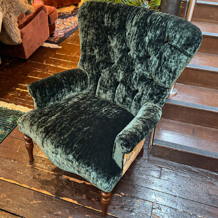 Belgravia Buttoned Wing Chair in Sunshine Emerald Velvet and Mulberry Flying Ducks