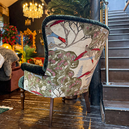 Belgravia Buttoned Wing Chair in Sunshine Emerald Velvet and Mulberry Flying Ducks