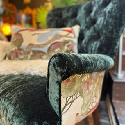 Belgravia Buttoned Wing Chair in Sunshine Emerald Velvet and Mulberry Flying Ducks