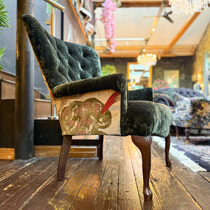 Belgravia Buttoned Wing Chair in Sunshine Emerald Velvet and Mulberry Flying Ducks