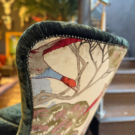 Belgravia Buttoned Wing Chair in Sunshine Emerald Velvet and Mulberry Flying Ducks
