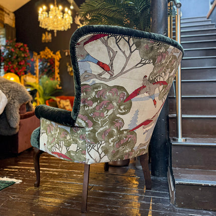 Belgravia Buttoned Wing Chair in Sunshine Emerald Velvet and Mulberry Flying Ducks