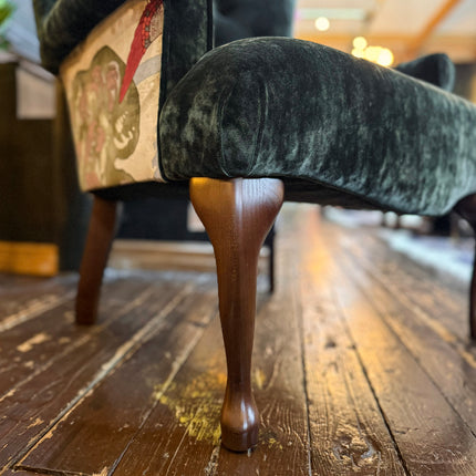Belgravia Buttoned Wing Chair in Sunshine Emerald Velvet and Mulberry Flying Ducks
