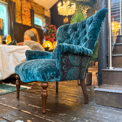 Belgravia Buttoned Wing Chair in Sunshine Turquoise & Bohemian Teal Paisley
