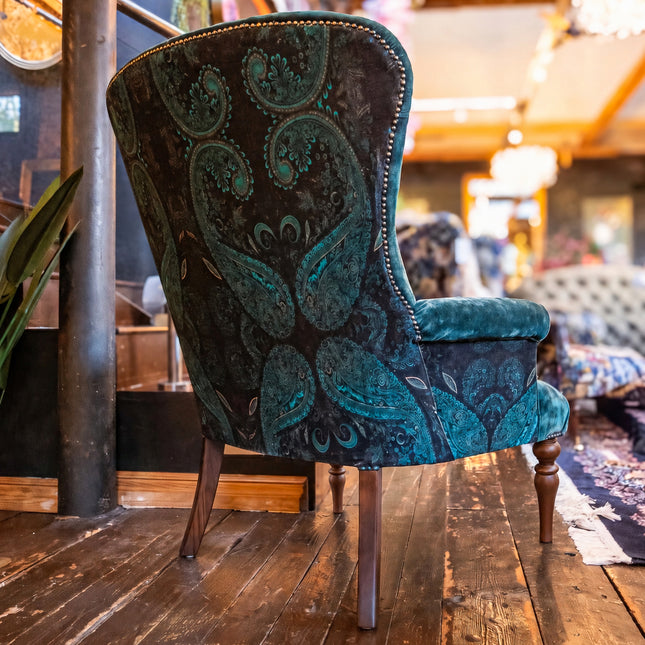 Belgravia Buttoned Wing Chair in Sunshine Turquoise & Bohemian Teal Paisley