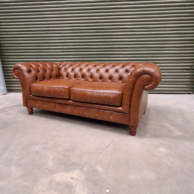 Bertie 2 Seater Chesterfield Sofa in Cuba Tan Leather- Ex Display