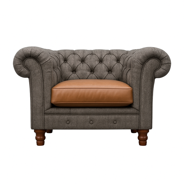 Bertie Chesterfield Club Chair in Harris Tweed Grey and Cognac Leather