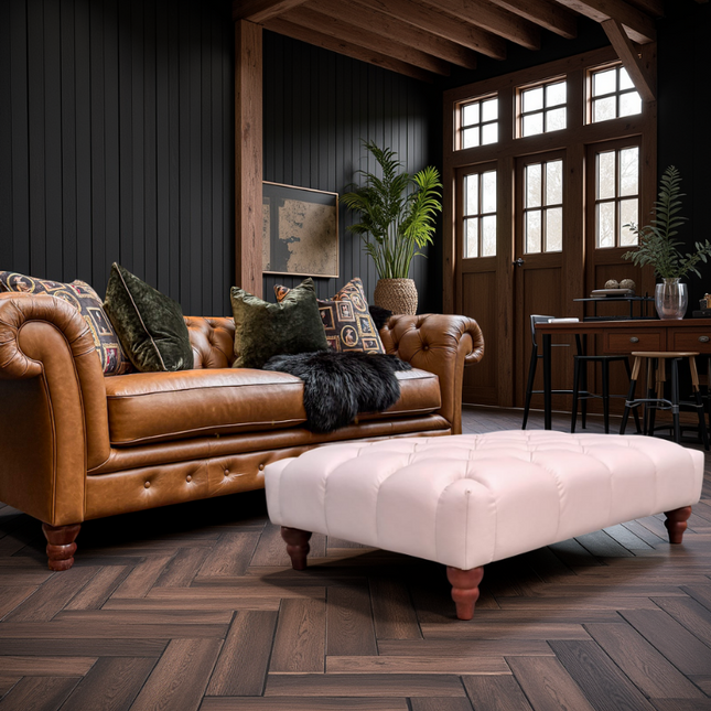 Bertie Chesterfield Footstool in Cream Leather - Clearance