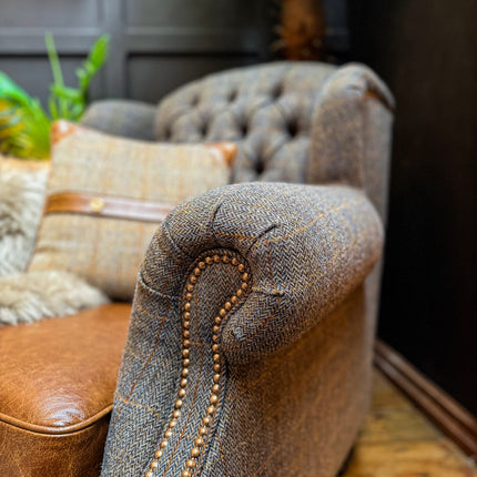 Bertie Armchair Wingback in Harris Tweed Grey & Cuba Tan Leather