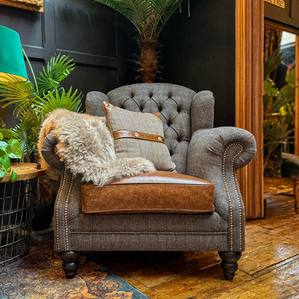 Bertie Armchair Wingback in Harris Tweed Grey & Cuba Tan Leather