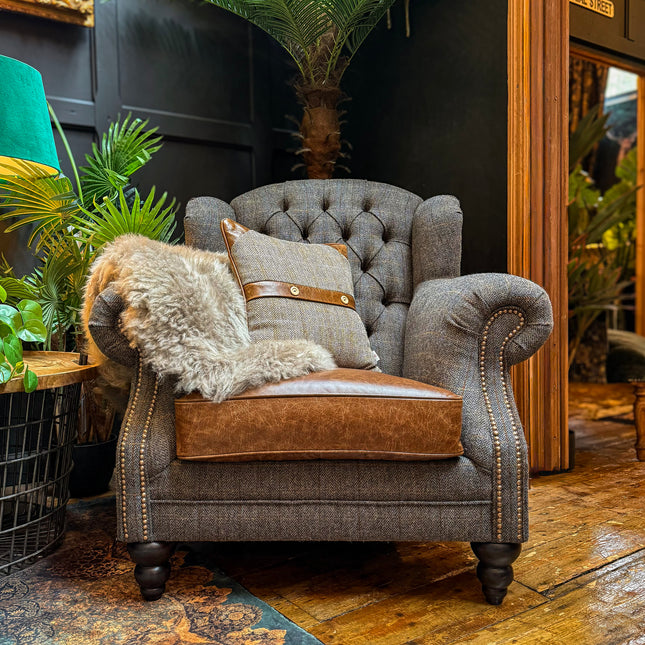 Bertie Armchair Wingback in Harris Tweed Grey & Cuba Tan Leather