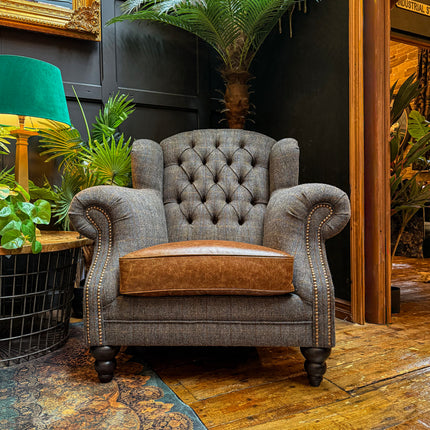 Bertie Armchair Wingback in Harris Tweed Grey & Cuba Tan Leather