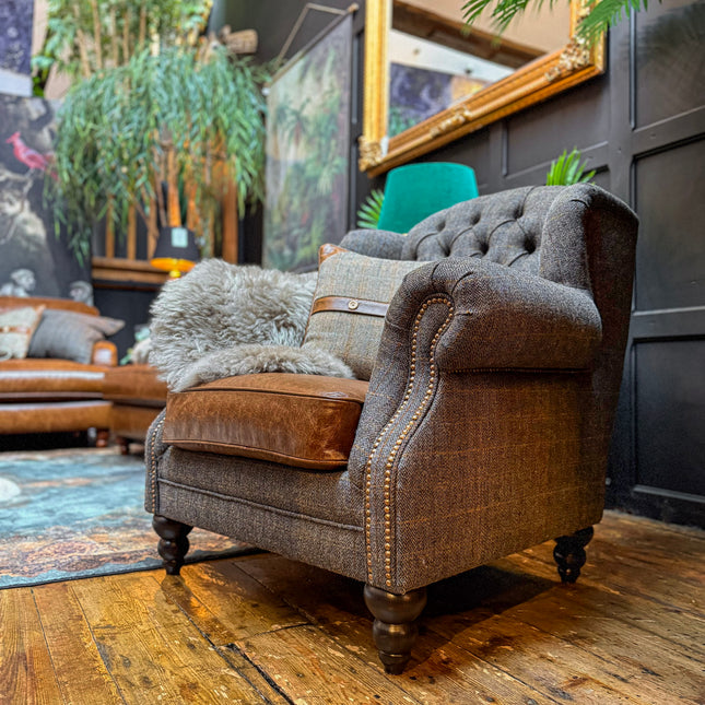 Bertie Armchair Wingback in Harris Tweed Grey & Cuba Tan Leather