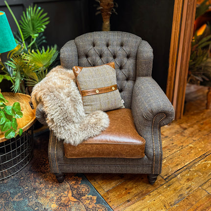 Bertie Armchair Wingback in Harris Tweed Grey & Cuba Tan Leather