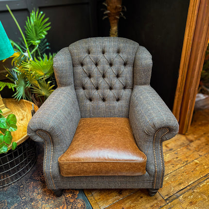 Bertie Armchair Wingback in Harris Tweed Grey & Cuba Tan Leather