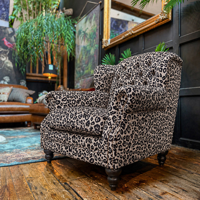 Bertie Buttoned Armchair Wingback in Leopard Cream Velvet