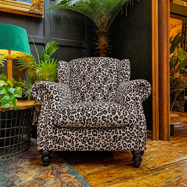 Bertie Buttoned Armchair Wingback in Leopard Cream Velvet