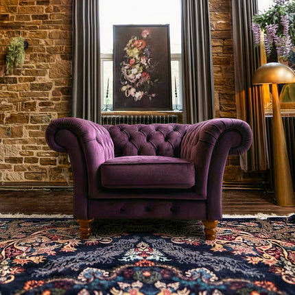 Bertie Buttoned Armchair in Plush Purple Plum