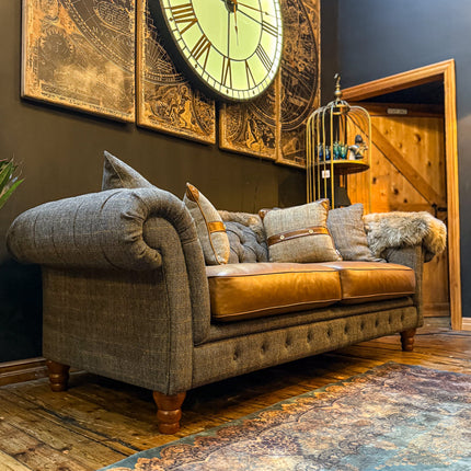 Bertie Chesterfield in Harris Tweed Grey and Cognac Leather