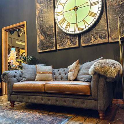 Bertie Chesterfield in Harris Tweed Grey and Cognac Leather