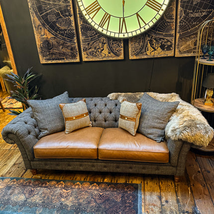 Bertie Chesterfield in Harris Tweed Grey and Cognac Leather