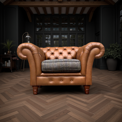 Bertie Chesterfield in Harris Tweed Grey and Cognac Leather