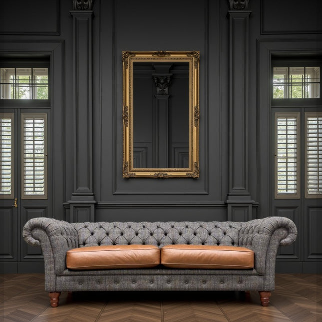 Bertie Chesterfield in Harris Tweed Grey and Cognac Leather - New