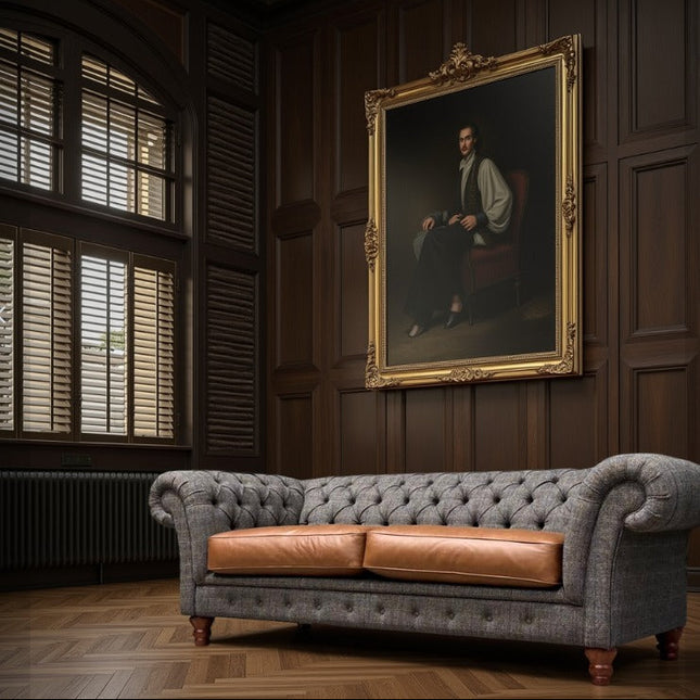 Bertie Chesterfield in Harris Tweed Grey and Cognac Leather - New