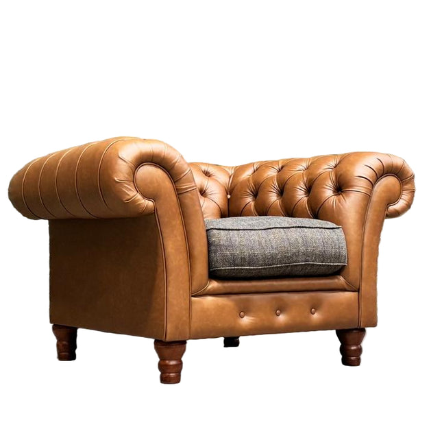 Bertie Chesterfield Club Chair in Harris Tweed Grey and Cognac Leather - Clearance