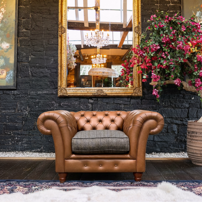 Bertie Chesterfield Club Chair in Harris Tweed Grey and Cognac Leather