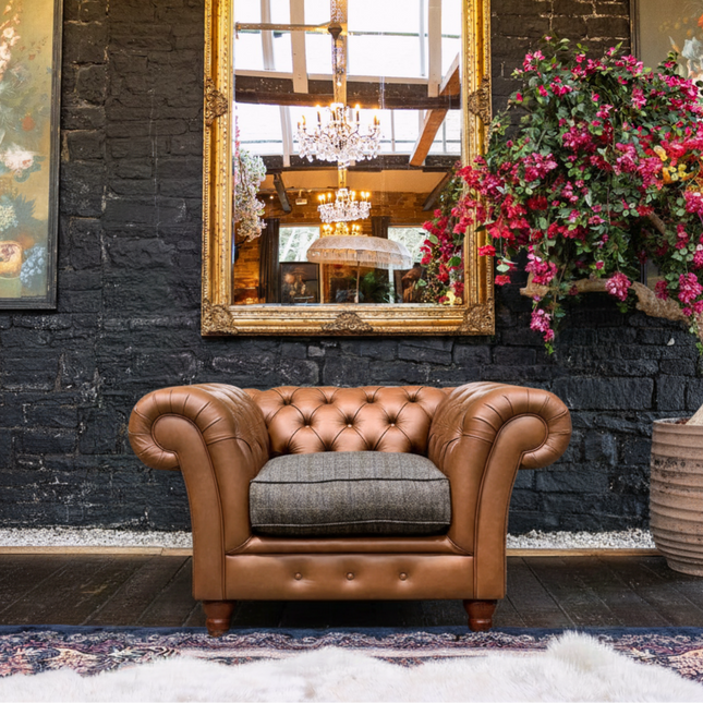Bertie Chesterfield in Harris Tweed Grey and Cognac Leather