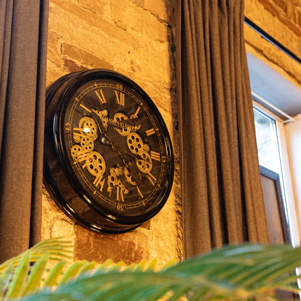 Black & Gold Medium Clock Moving Gears