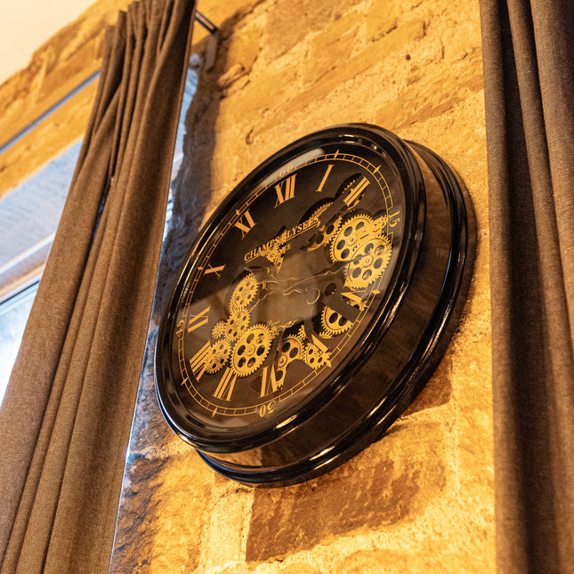 Black & Gold Medium Clock Moving Gears