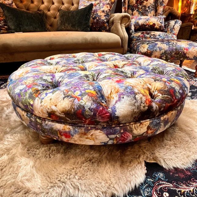 Autumn Buttoned Round Footstool in GP & J Baker Royal Garden Sapphire - New