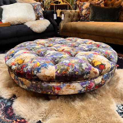 Autumn Buttoned Round Footstool in GP & J Baker Royal Garden Sapphire - New