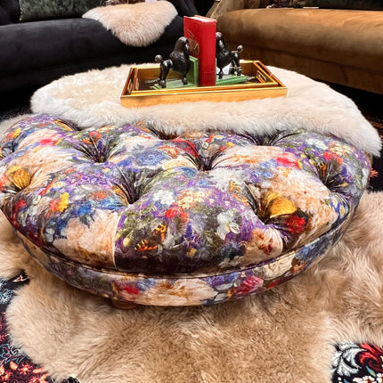 Autumn Buttoned Round Footstool in GP & J Baker Royal Garden Sapphire - New