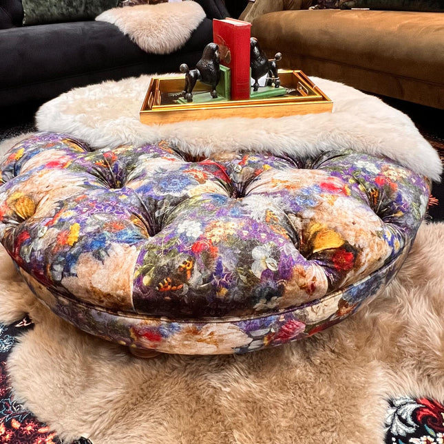Autumn Buttoned Round Footstool in GP & J Baker Royal Garden Sapphire - New