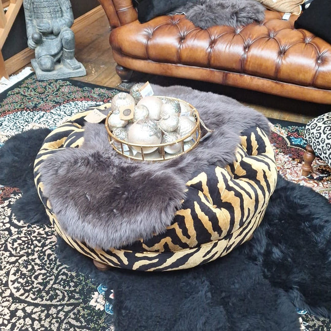 Blossom Round Buttoned Footstool in Zebra Gold