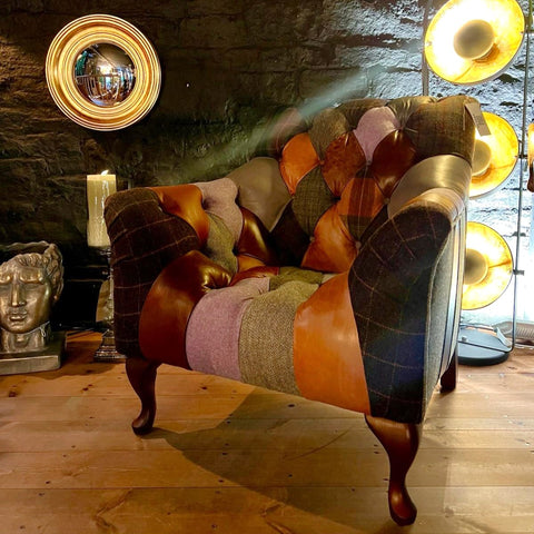 Blossom Patchwork Armchair in Harris Tweed & Leather Mix