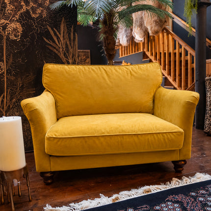 Bugsby Fitted Back Snuggler Sofa in Plush Gold Mustard Velvet