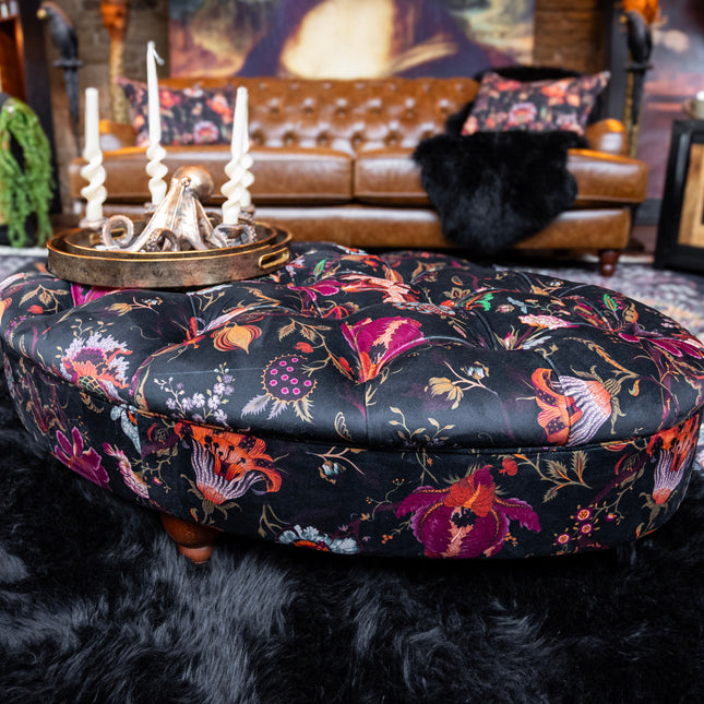 Charles Oval Buttoned Footstool in Fantasia Floral Velvet - Clearance