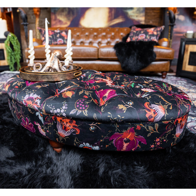 Charles Oval Buttoned Footstool in Fantasia Floral Velvet - Clearance