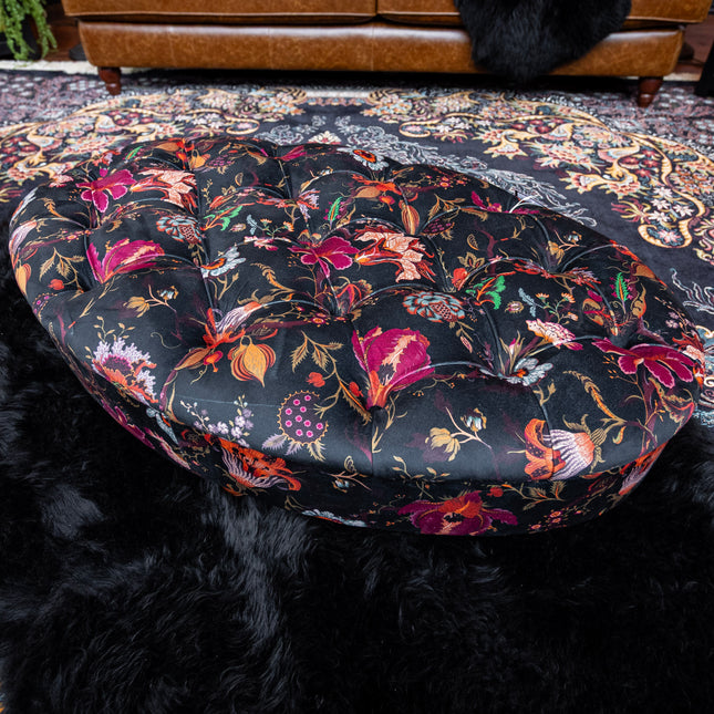 Charles Oval Buttoned Footstool in Fantasia Floral Velvet - Clearance