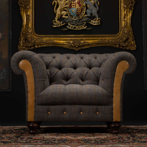 Chessington Club Armchair in Harris Tweed Grey & Tan Leather