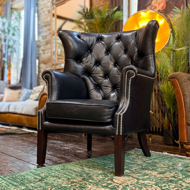 Chessington Wingback Armchair in Old English Black Leather - Clearance