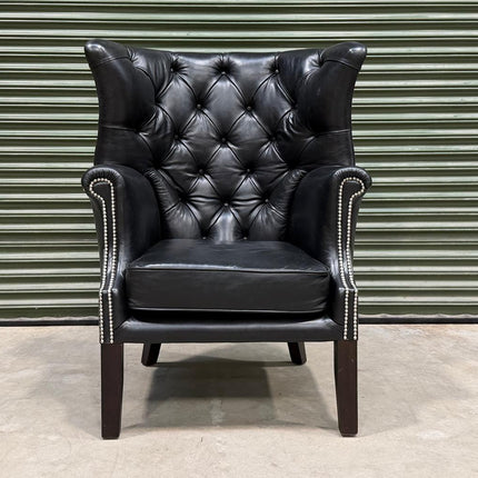 Chessington Wingabck Chair in Black, Old English Leather. Made in England