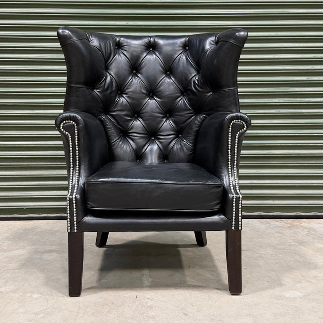 Chessington Wingabck Chair in Black, Old English Leather. Made in England