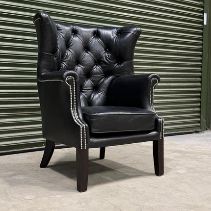 Chessington Wingabck Chair in Black, Old English Leather. Made in England