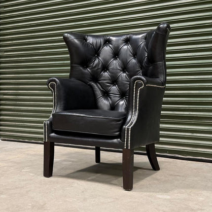 Chessington Wingabck Chair in Black, Old English Leather. Made in England